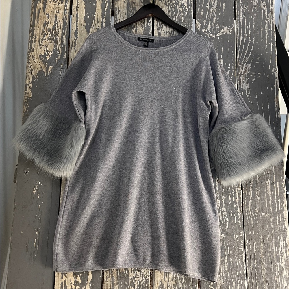 Parkhurst Gray Pullover Sweater Dress Tunic Top With Faux Fur Cuffs Size M